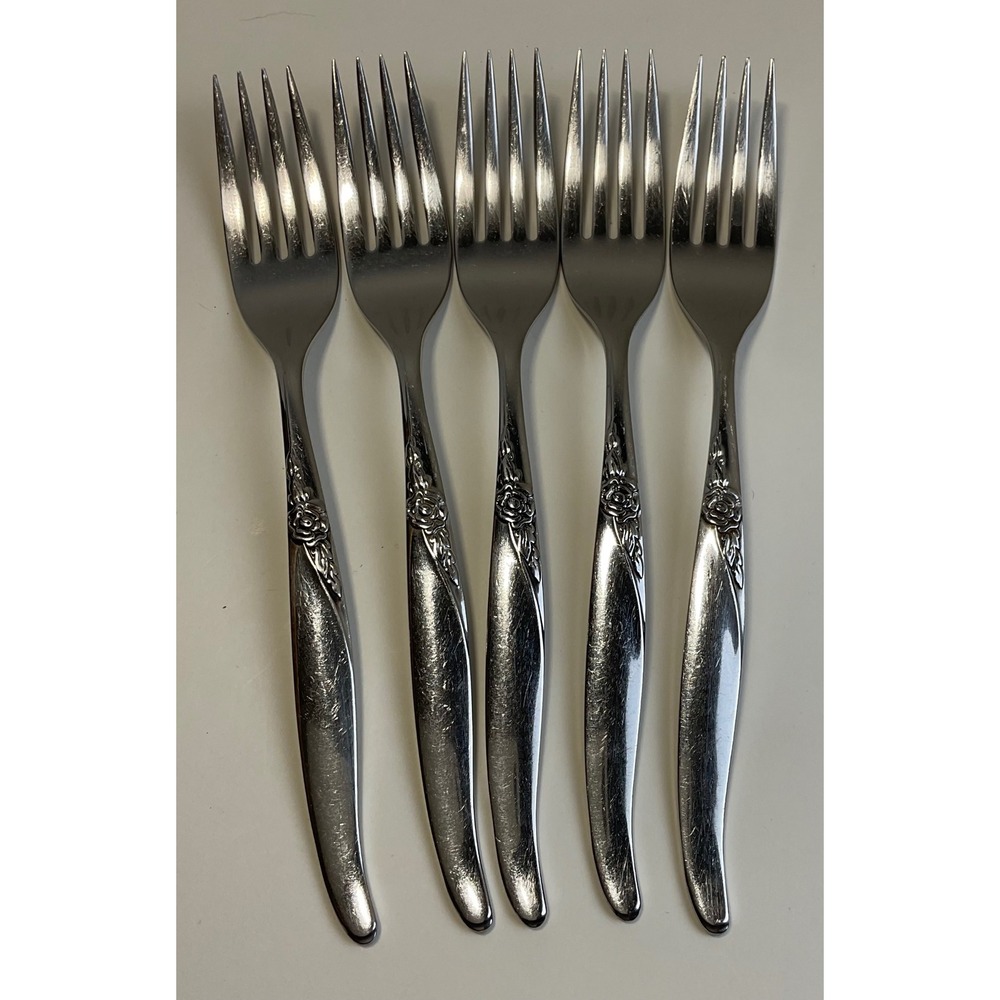 Oneida Wm A Rogers La Rose Salad Forks Vintage Stainless Steel Set of 5 Floral